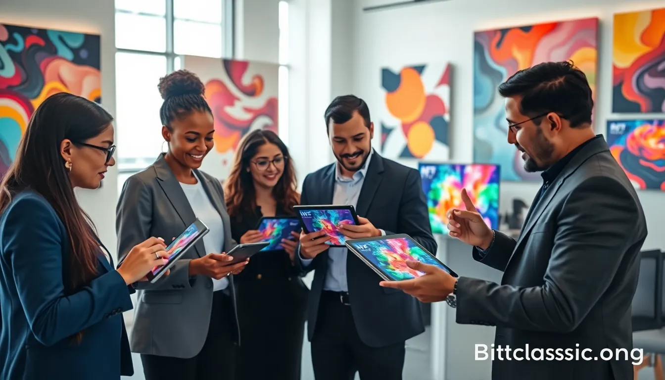 diverse professionals engaging with digital art in a modern office.