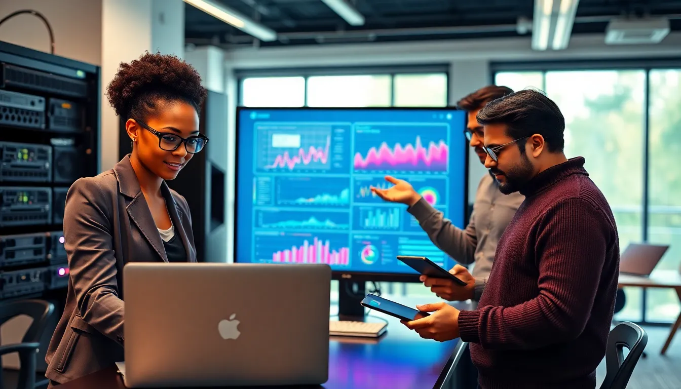 a diverse team collaborating around high-tech hardware in a modern office