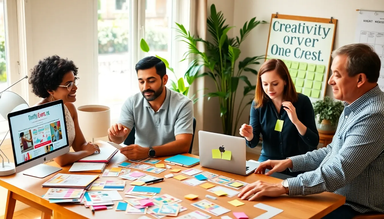 a diverse group planning an event in a bright home office.