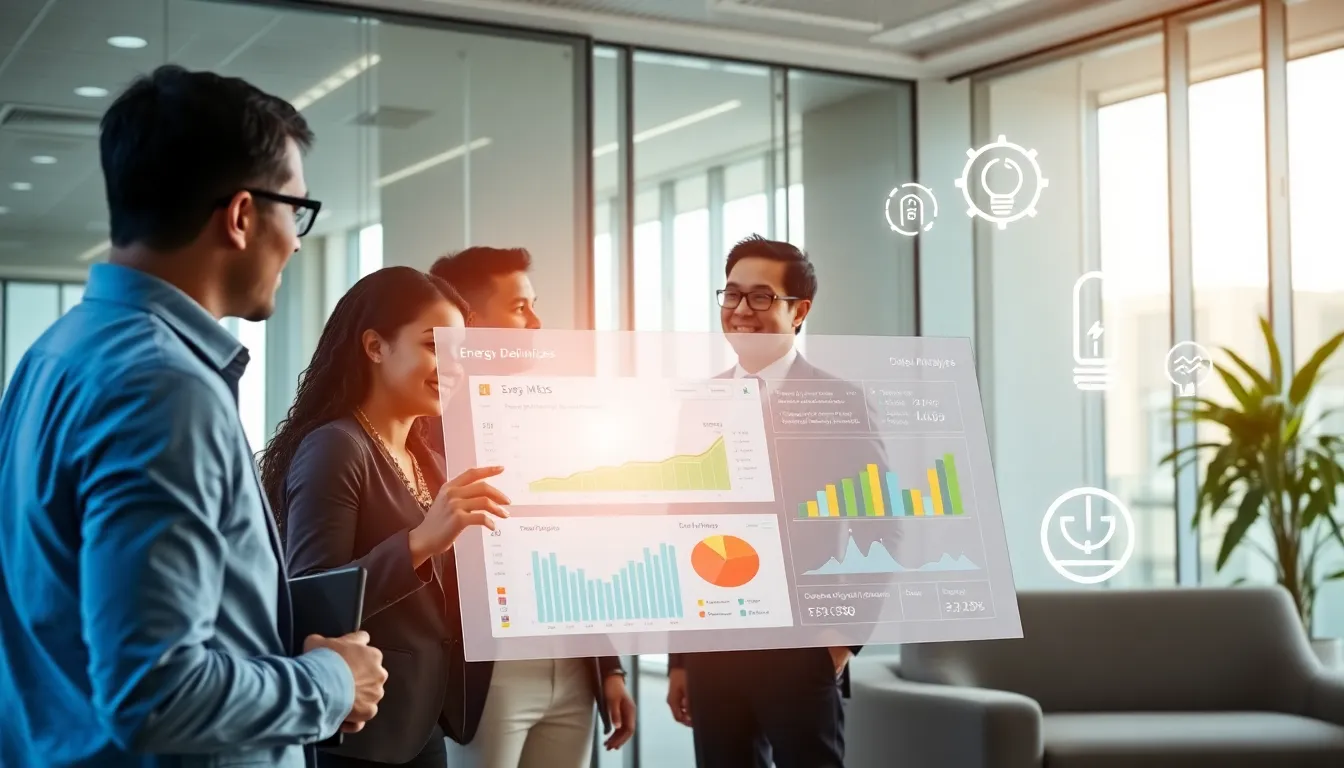 professionals discussing energy management in a modern office.