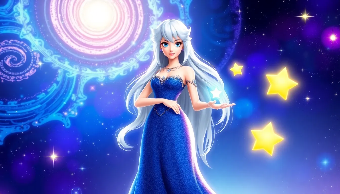 Rosalina in a cosmic setting with her Luma Friends and Galactic Shield.
