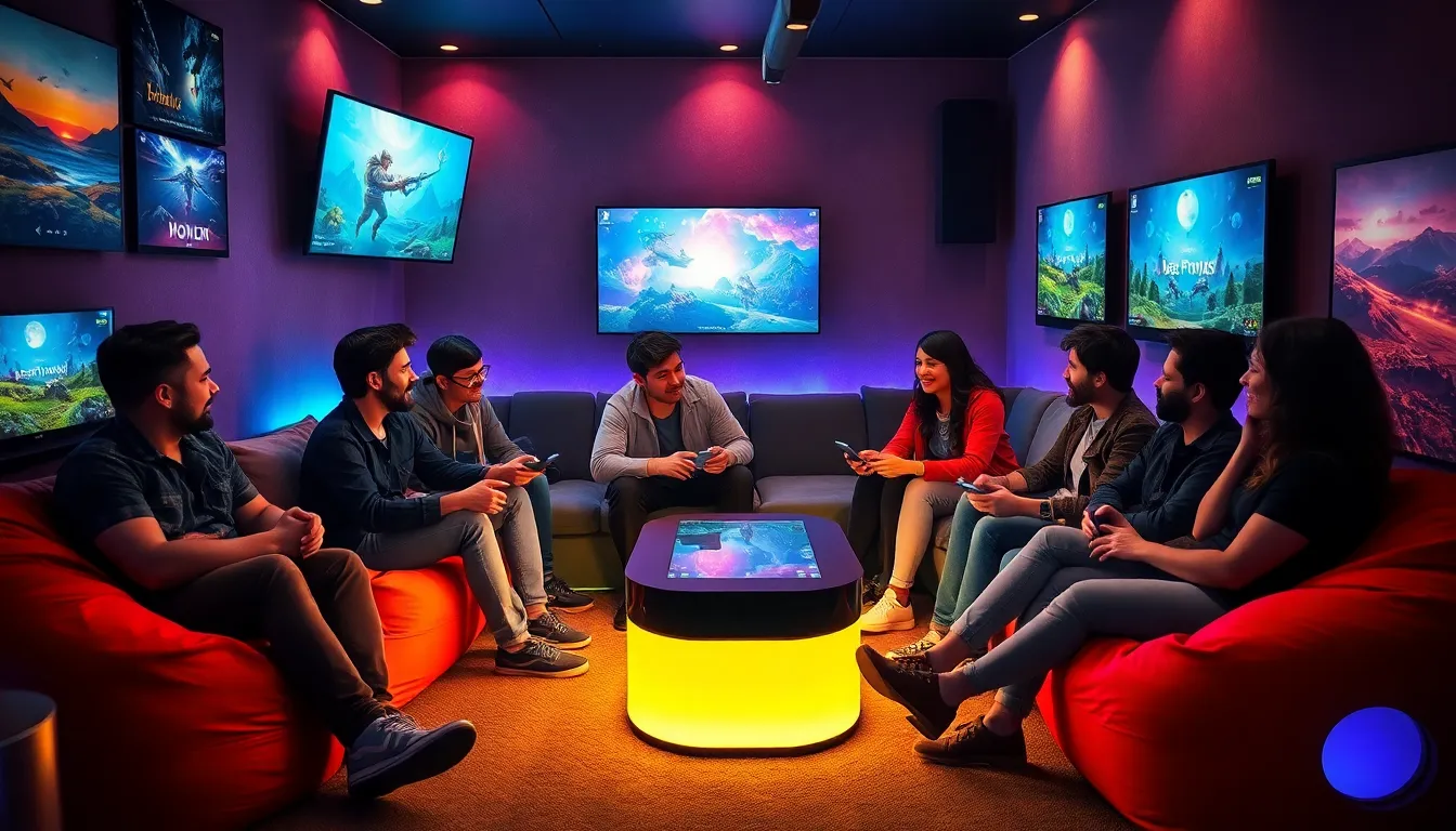 diverse group of gamers sharing stories in a modern gaming lounge.