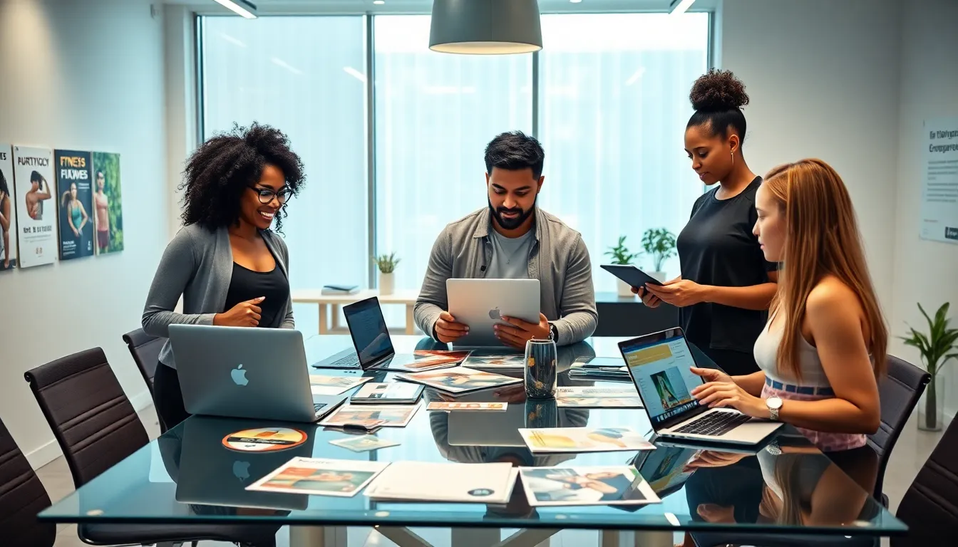 diverse group collaborating on fitness plans in a modern office.