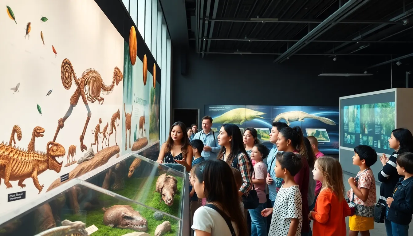 diverse visitors engaging with evolutionary science exhibits in a modern museum.