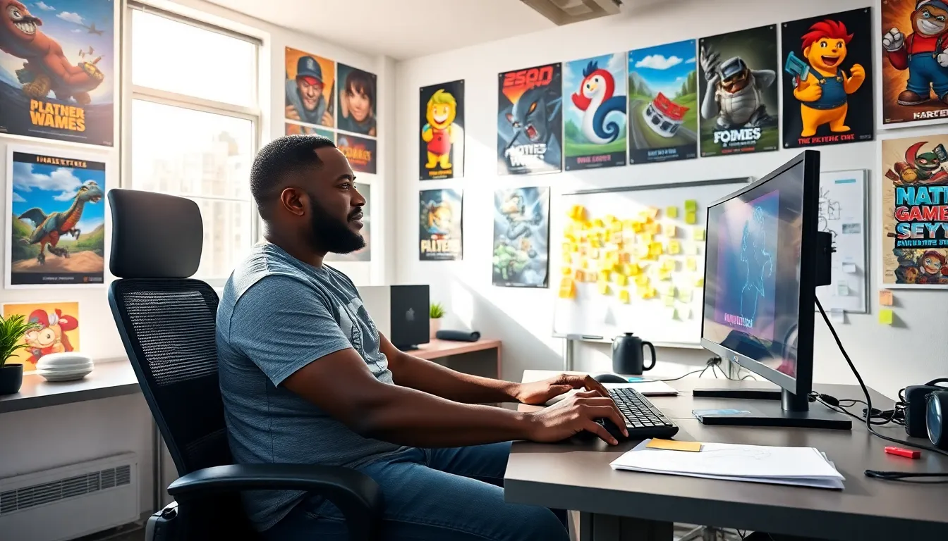 an office scene at Imagineer Games with a focused designer reviewing game prototypes.