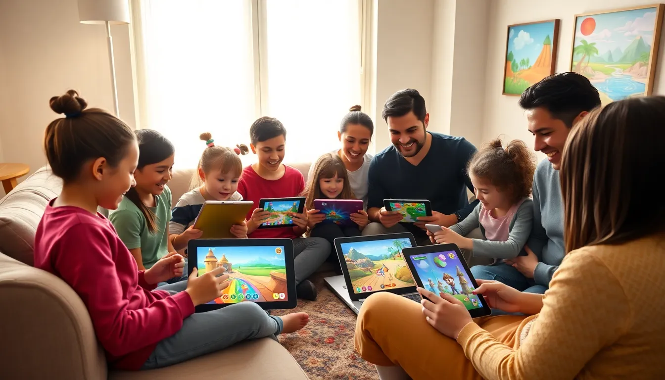 diverse group enjoying games in a modern living room.