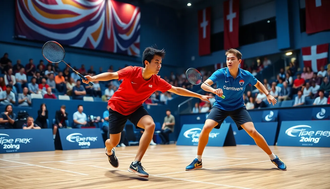intense badminton match between two players in action.