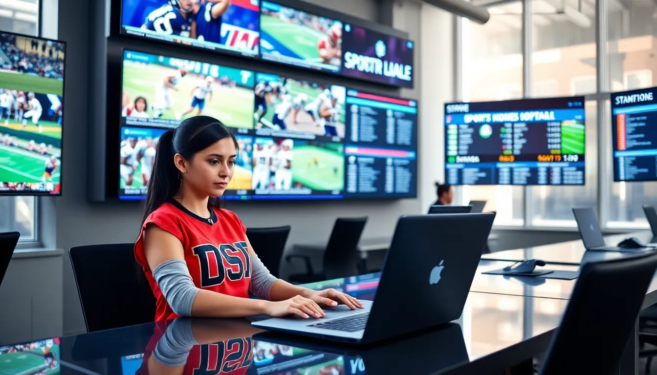 A sports journalist working in a modern office with multiple screens displaying news.