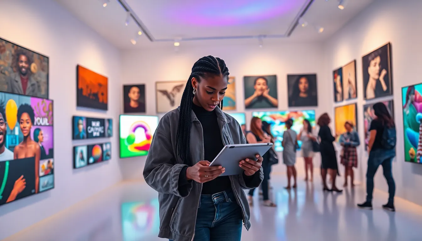a diverse group exploring a digital art exhibition at Redwebzine gallery.