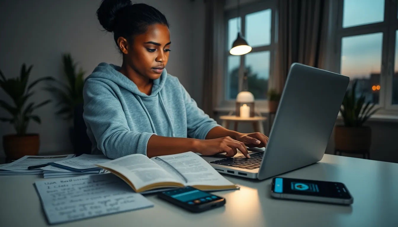 a woman analyzing a phishing email on her laptop in a home office.