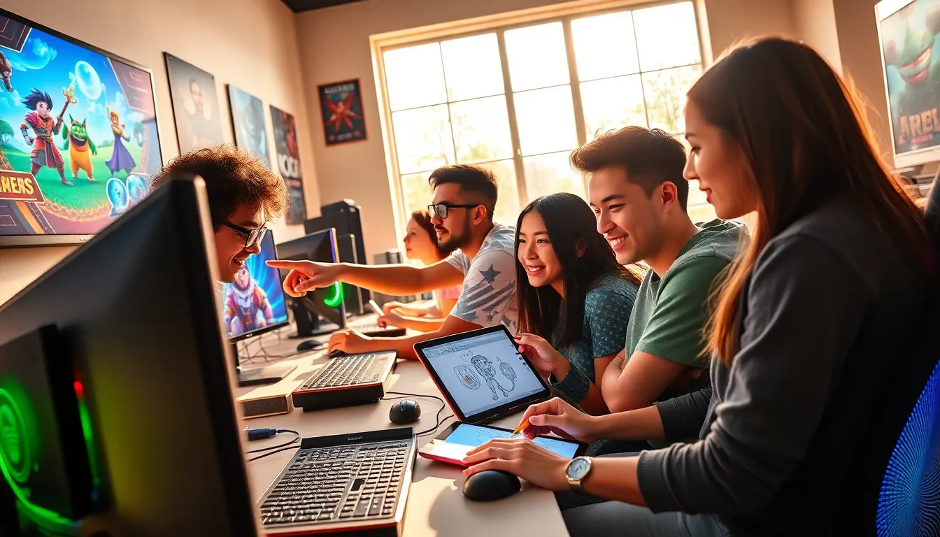 a diverse group creating games in a dynamic studio.