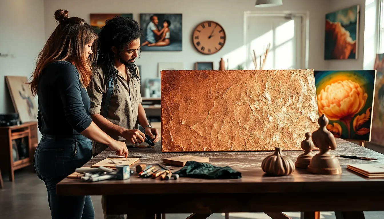 artists creating on a textured copper canvas in a bright workspace.