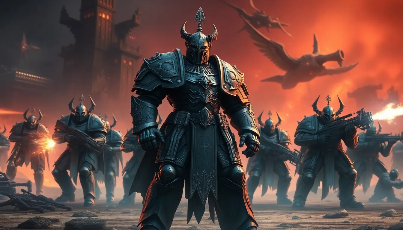 Daemonhunters in battle, showcasing elite Grey Knights and their leader.