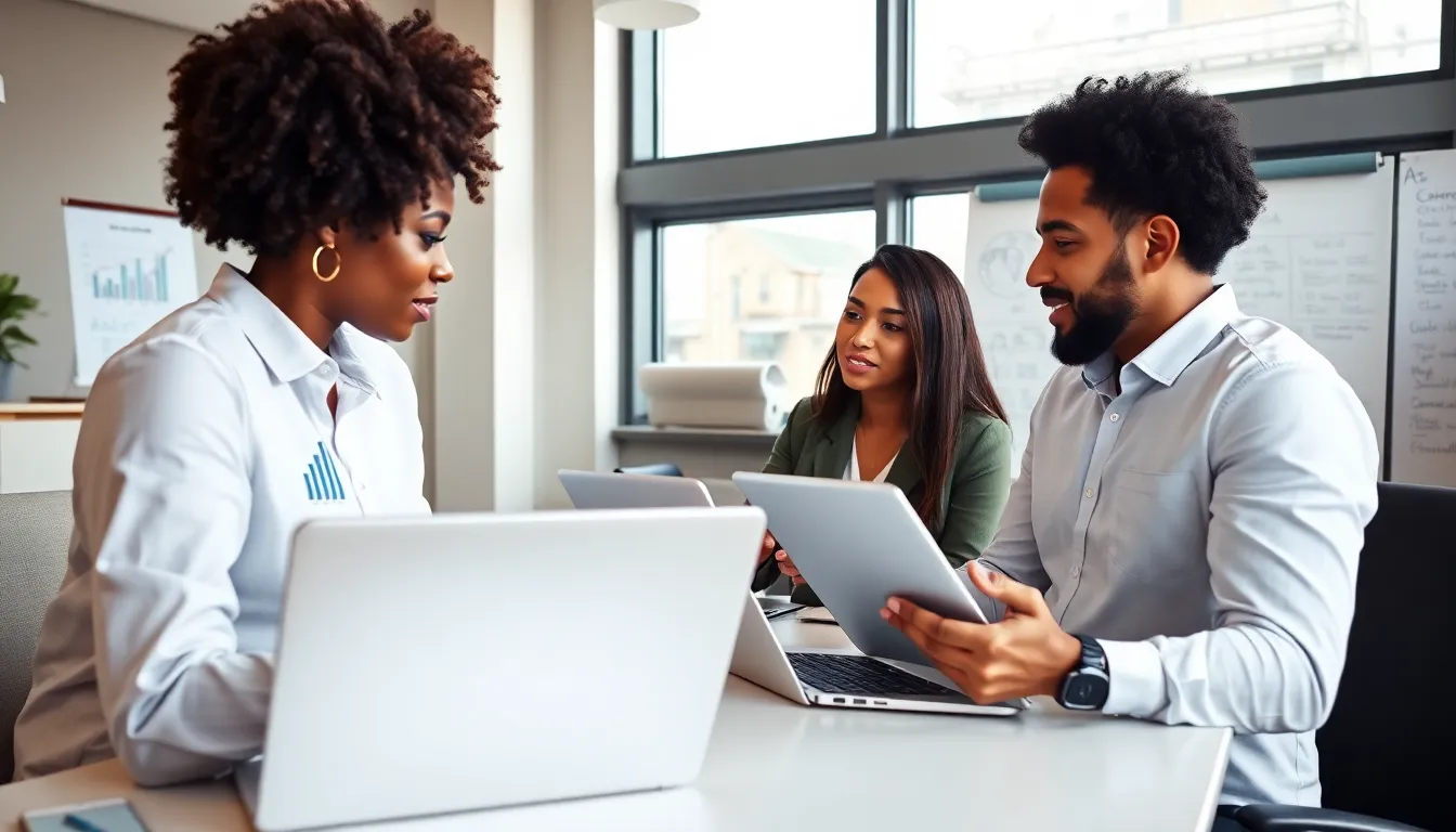diverse team collaborating in a modern office workspace.